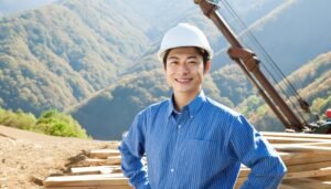 木材を扱う建設現場で働く若い男性作業員