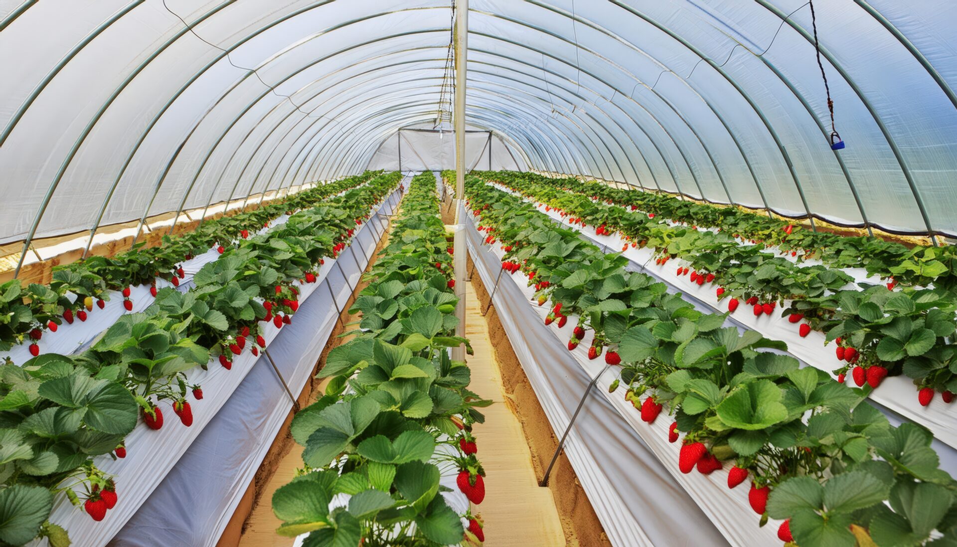 イチゴのハウス栽培が整然と並ぶビニールハウスの風景