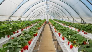 ビニールハウス内のイチゴ畑の全景