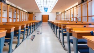 無人の教室と整然と並ぶ机と椅子