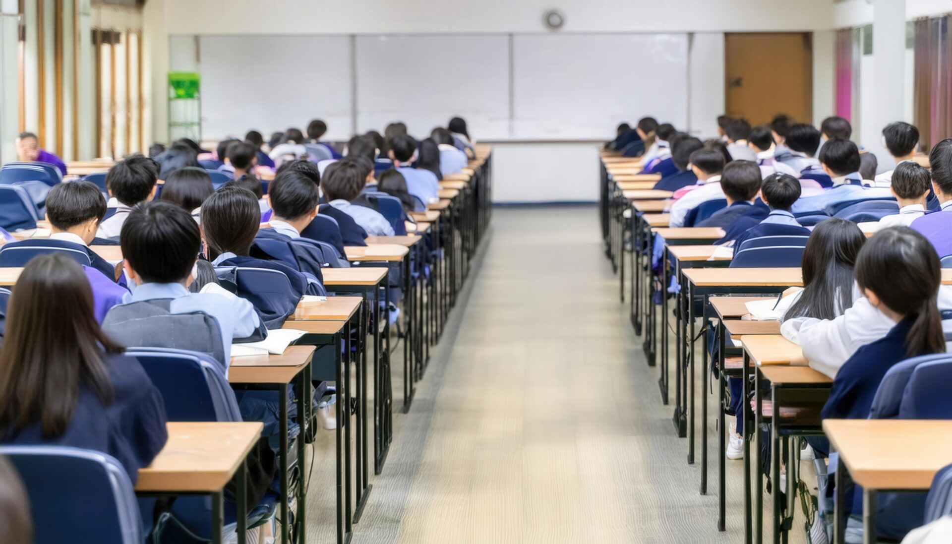 試験中の教室で座る多くの学生