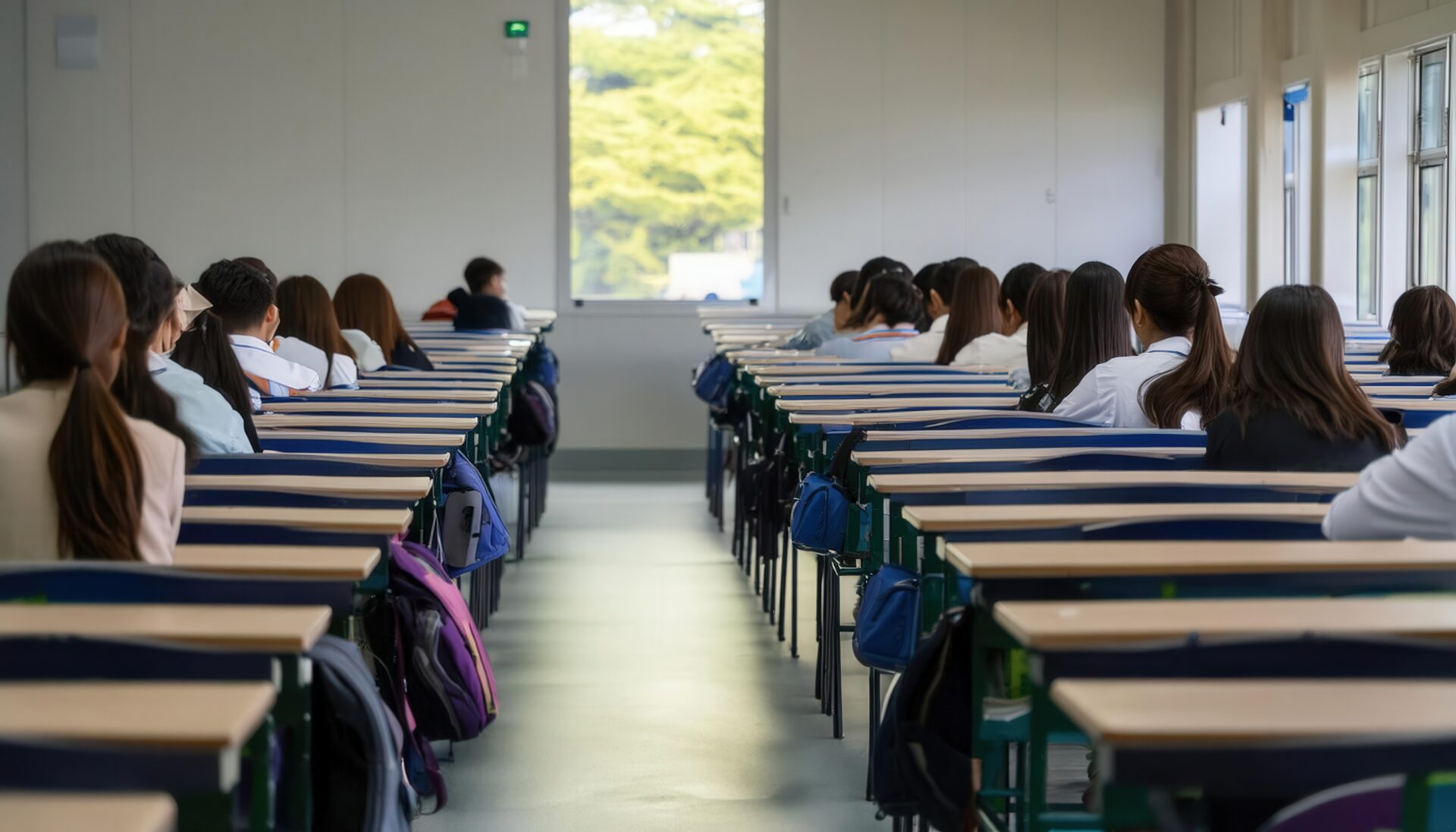 窓から光が差し込む教室で授業を受ける学生たち