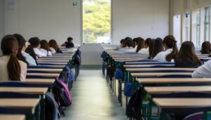 窓から光が差し込む教室で授業を受ける学生たち