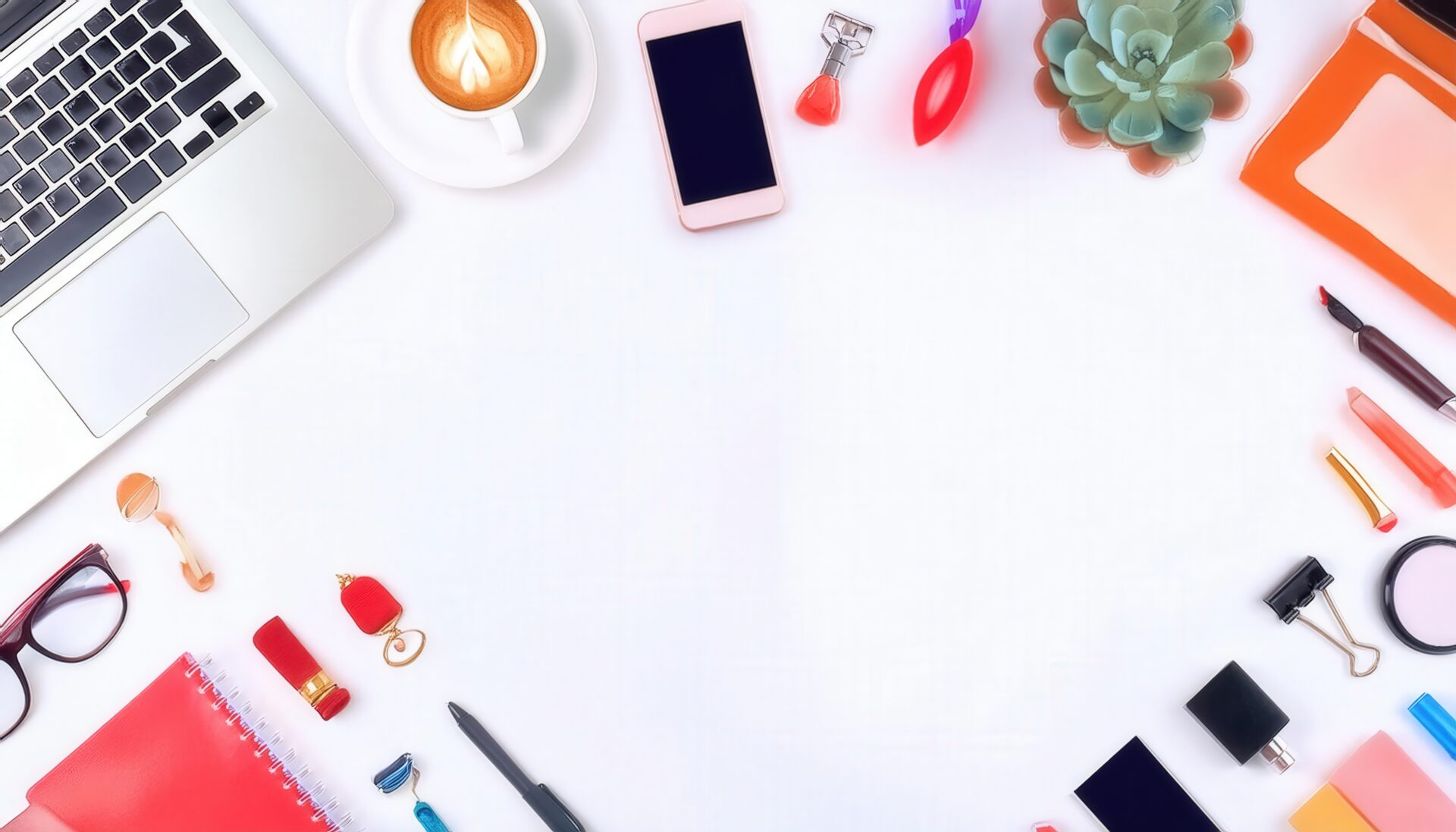 コーヒーと小物が並ぶ白い背景のフラットレイ