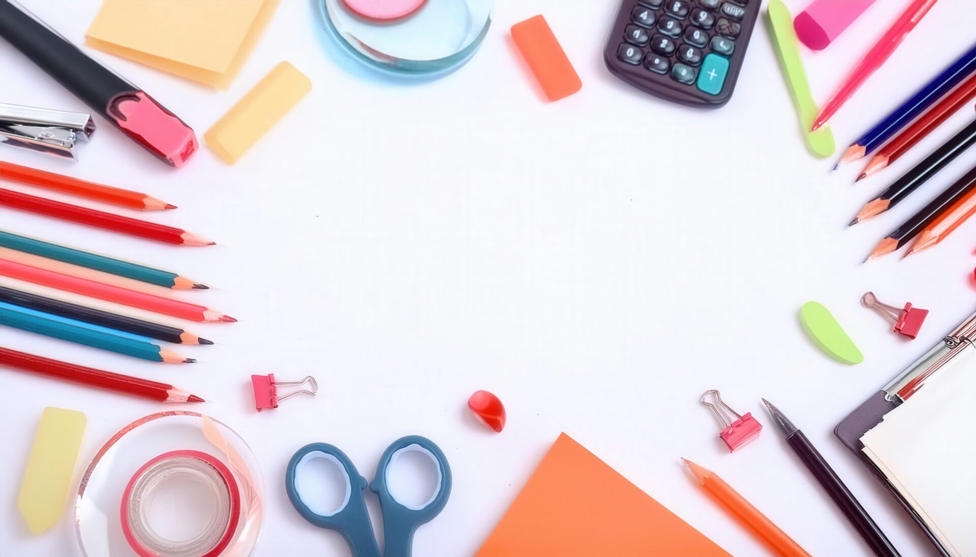 カラフルな文房具が並ぶ白い背景のフラットレイ