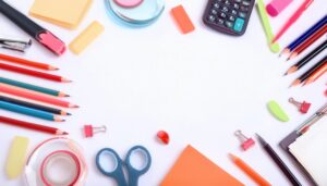 カラフルな文房具が並ぶ白い背景のフラットレイ
