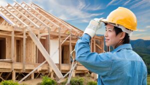 新築現場で木造住宅の建設作業をする男性作業員