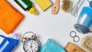 掃除用品が並ぶ白い背景のフラットレイ