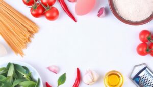 パスタとトマトが並ぶ白い背景のフラットレイ