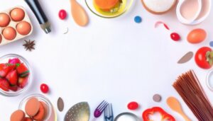 カラフルな食材と調理器具が並ぶ白い背景のフラットレイ