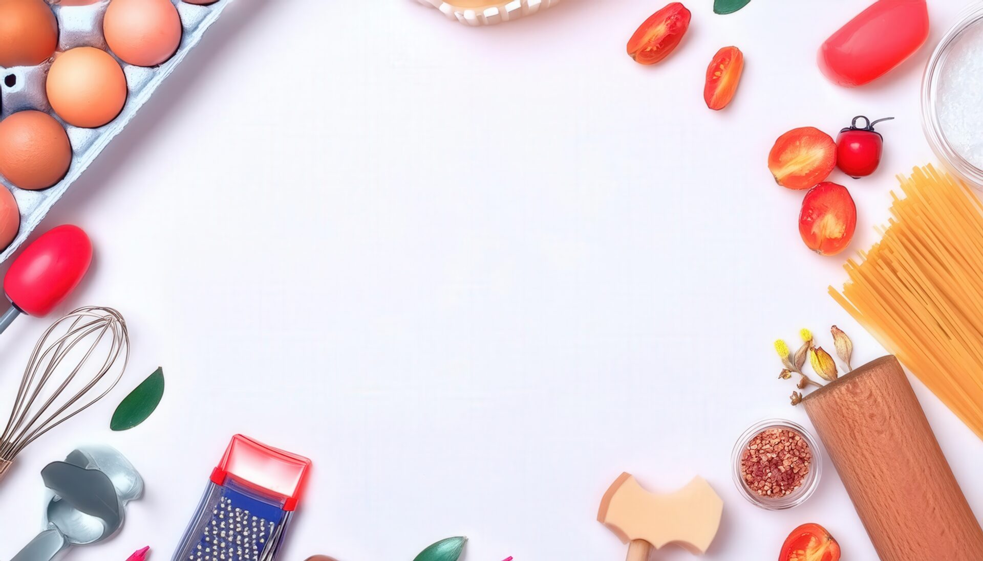 スパゲッティとトマトが並ぶ白い背景のフラットレイ