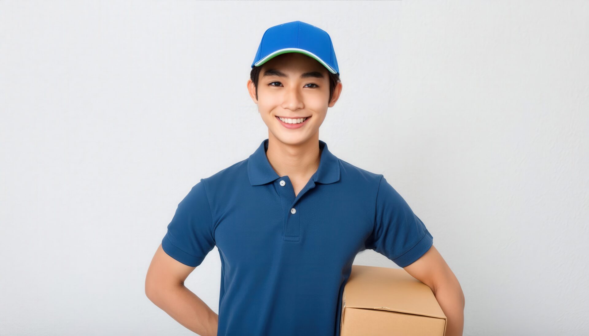 配達用の箱を持つ笑顔の若い男性配達員