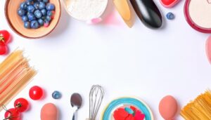 ブルーベリーと調理器具が並ぶカラフルなフラットレイ