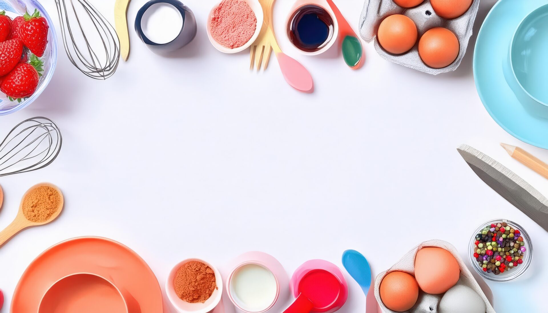 イチゴと調理器具が並ぶ白い背景のフラットレイ