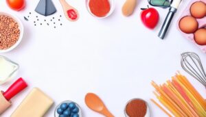 カラフルなスパイスとパスタが並ぶ白い背景のフラットレイ