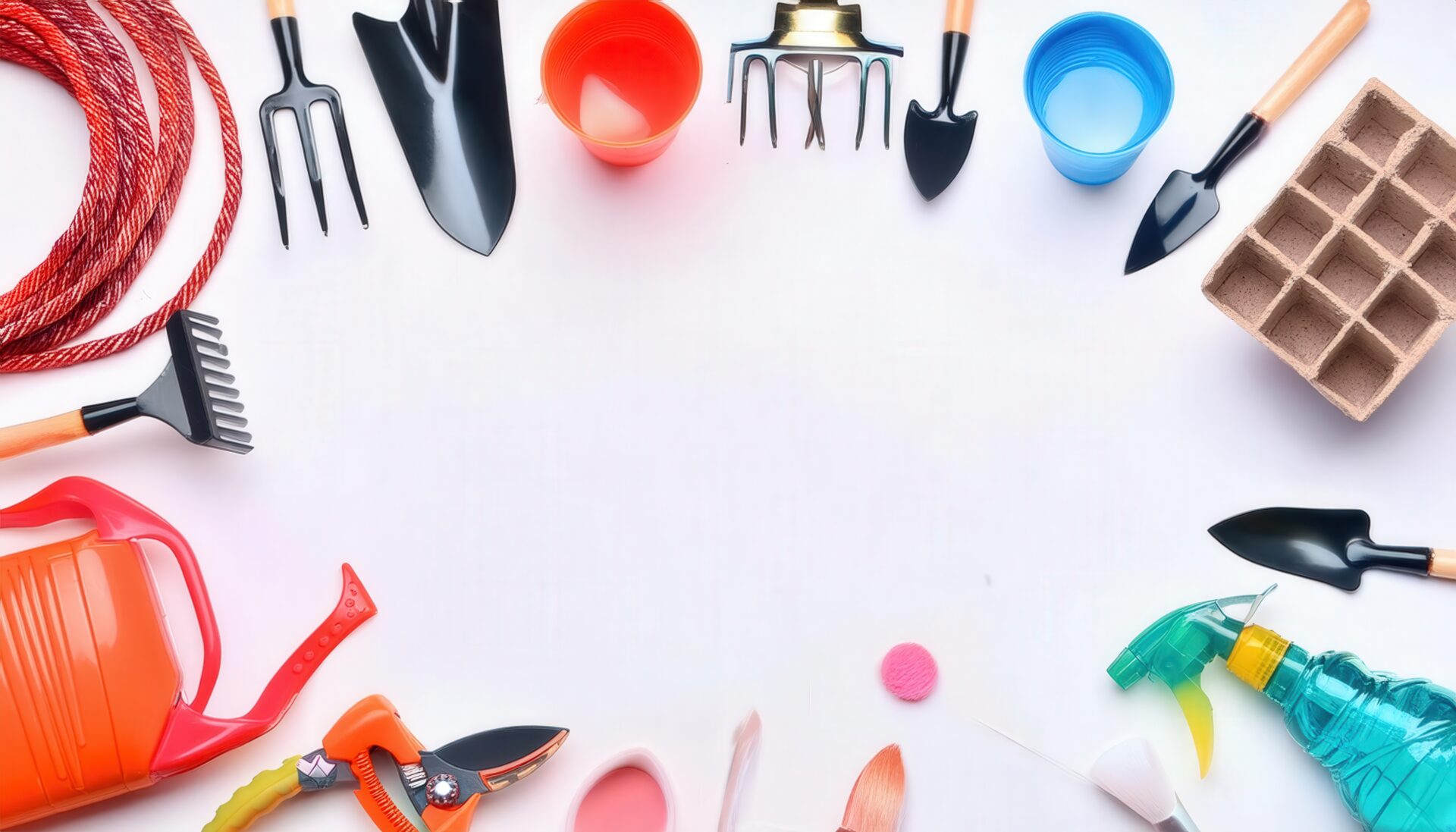 ガーデニング道具が並ぶ白い背景のフラットレイ