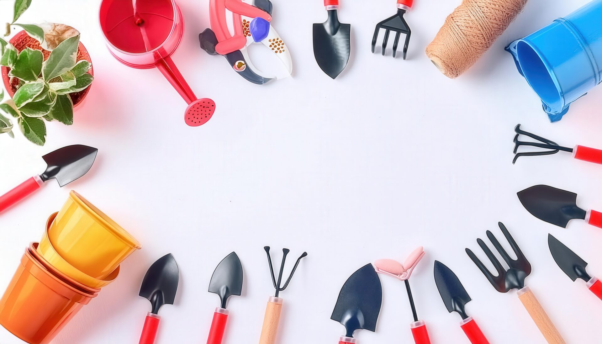 鮮やかなプランターとガーデニング用品が並ぶ白い背景