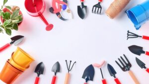 鮮やかなプランターとガーデニング用品が並ぶ白い背景