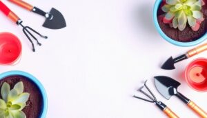 多肉植物とガーデニングツールが並ぶ白い背景
