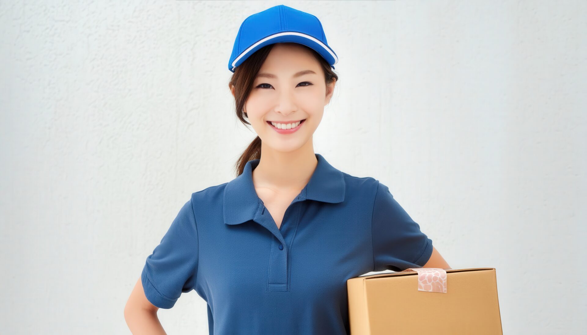 笑顔で箱を持つ女性配達員