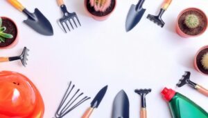 サボテンとガーデニング道具が並ぶ白い背景