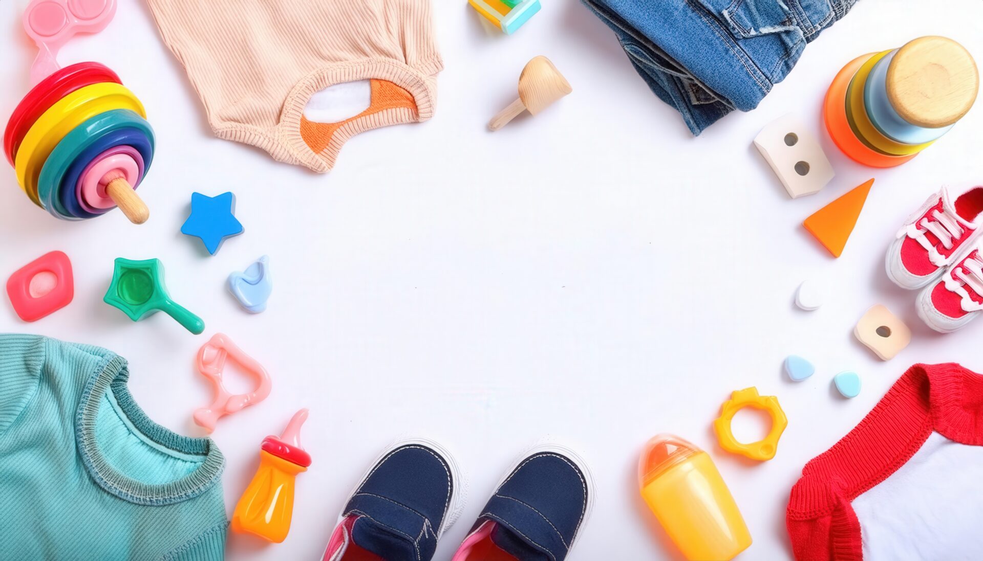 子供用品とカラフルなおもちゃのフラットレイアウト