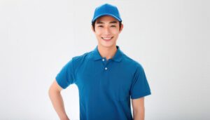 青いキャップを被る笑顔の男性配達員