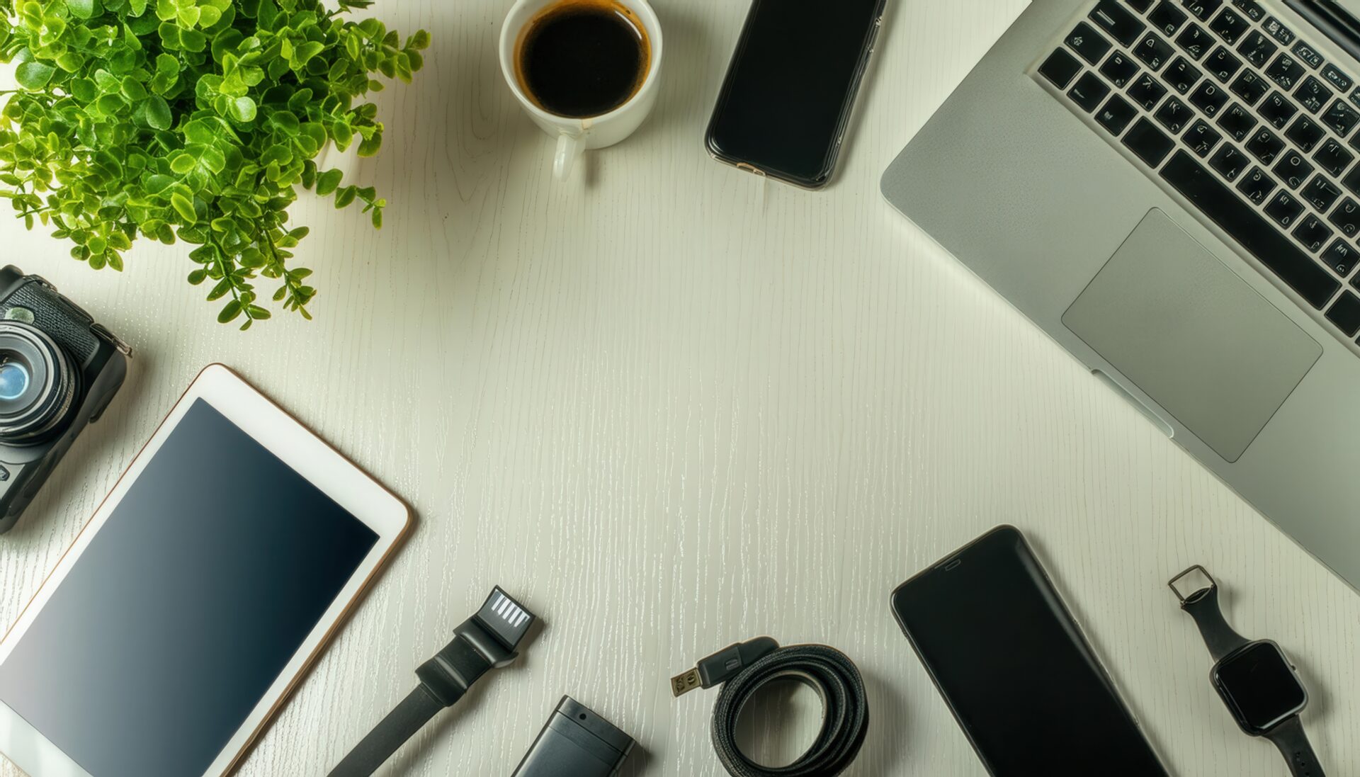 コーヒーと観葉植物があるガジェットデスク