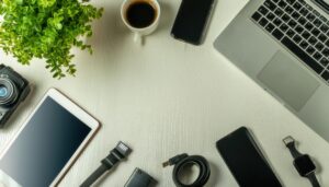 コーヒーと観葉植物があるガジェットデスク