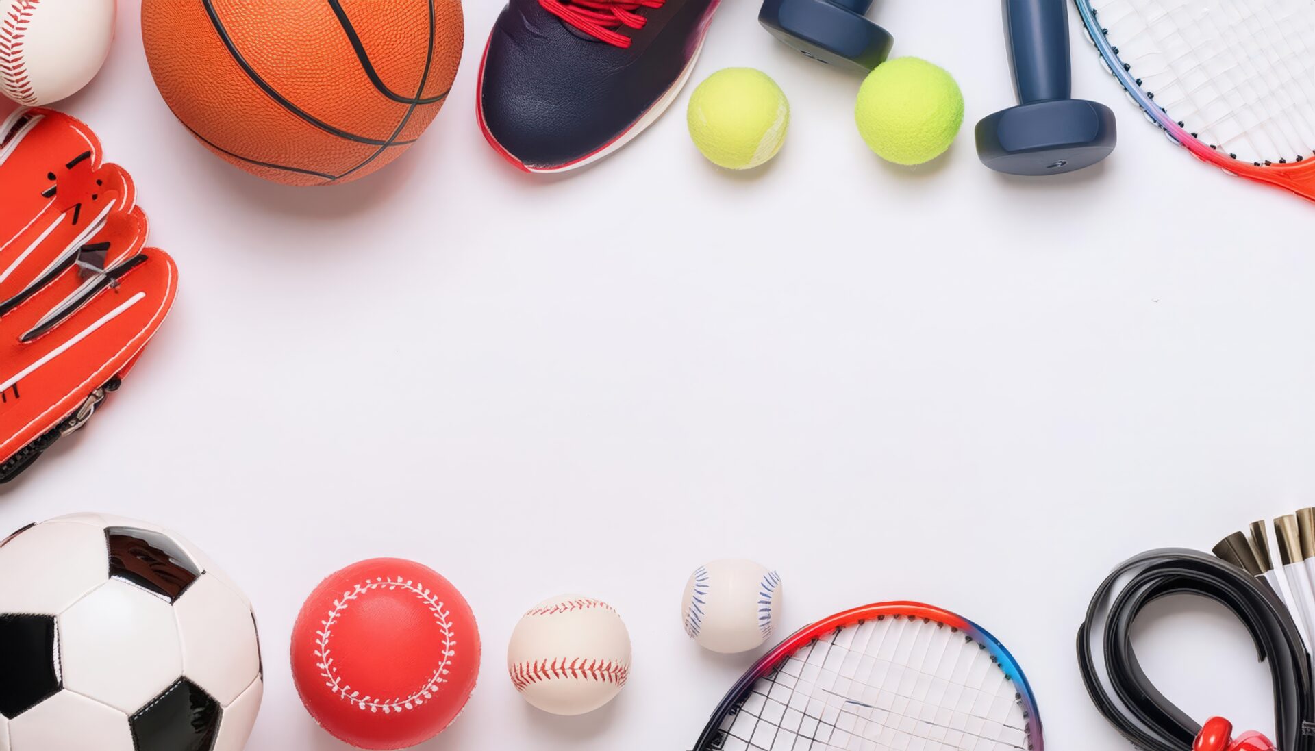 各種スポーツ用品が並ぶ白い背景