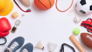 スポーツ用品が並ぶ白い背景のレイアウト