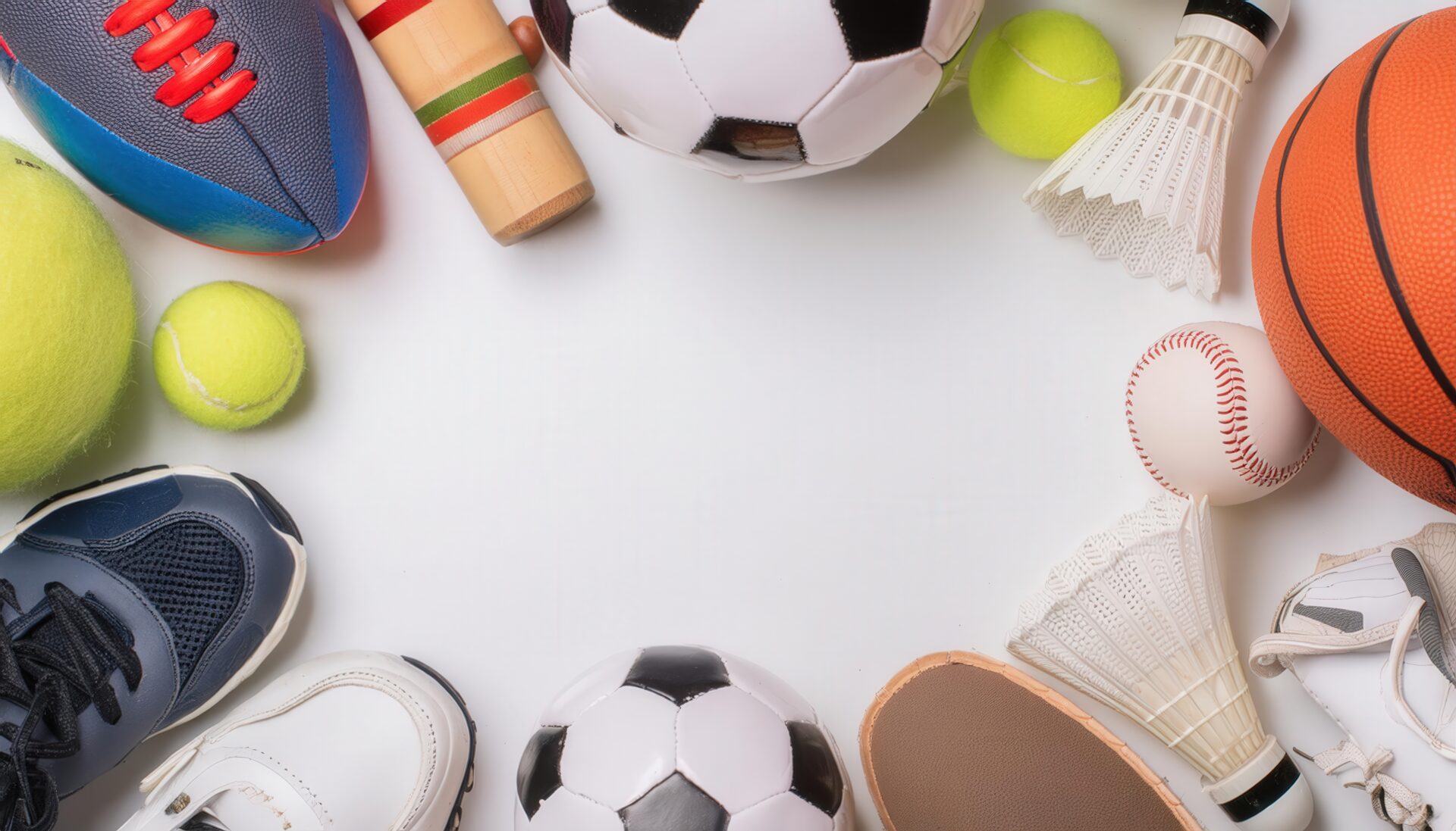 スポーツ用品が並ぶ白い背景のレイアウト