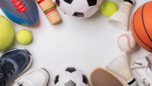 スポーツ用品が並ぶ白い背景のレイアウト