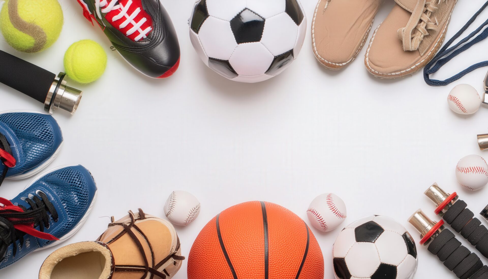 スポーツ用品が並ぶ白い背景のレイアウト