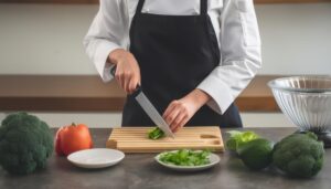 野菜を切る黒いエプロンを着たシェフ