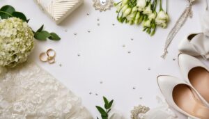 白いドレスとリングが置かれた結婚式背景