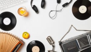 ヴィンテージレコードと音楽アイテムの背景