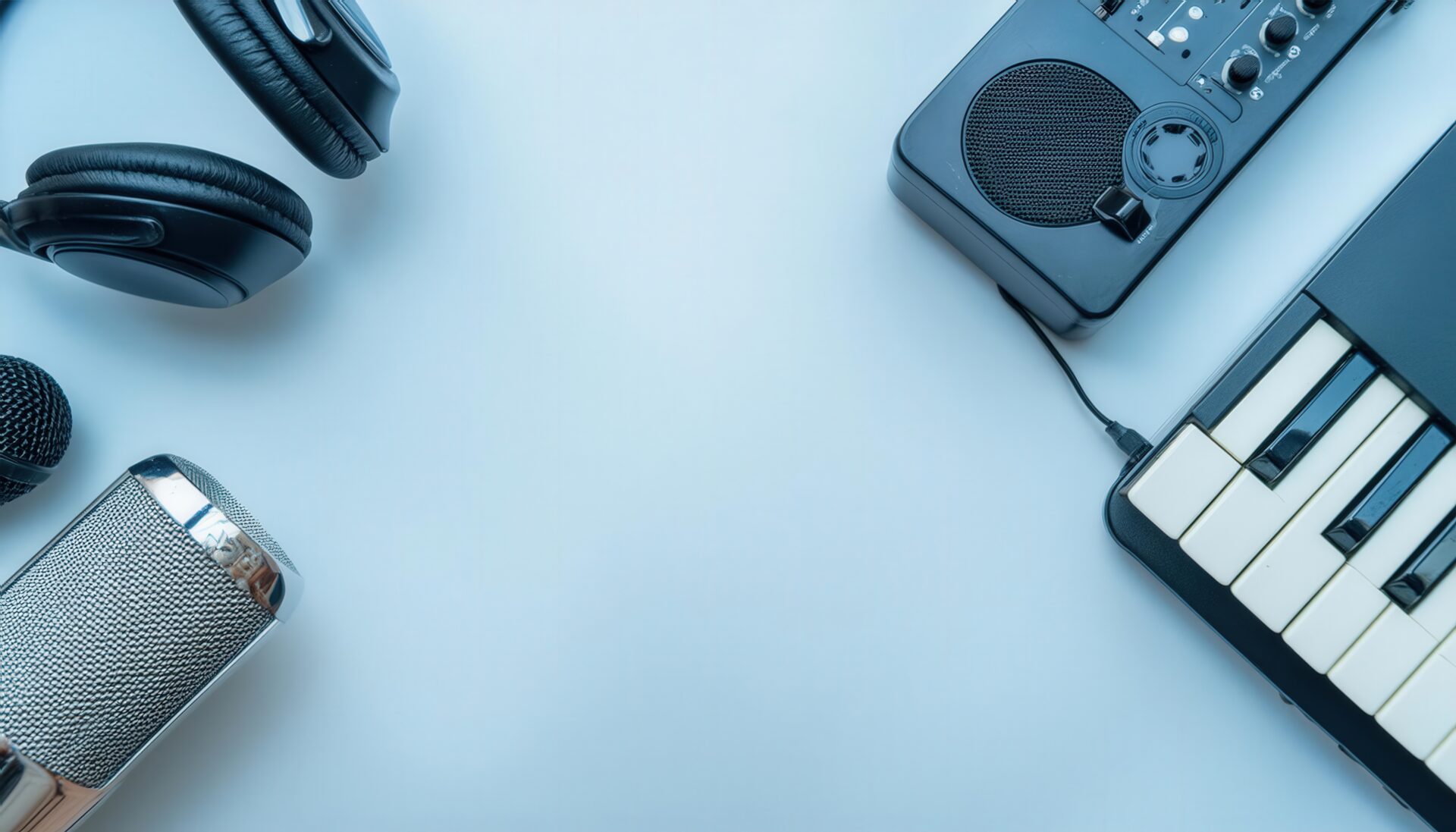 青背景に配置された音楽機器とキーボード