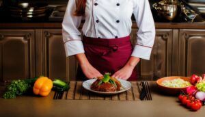 完成した料理を披露する女性シェフ