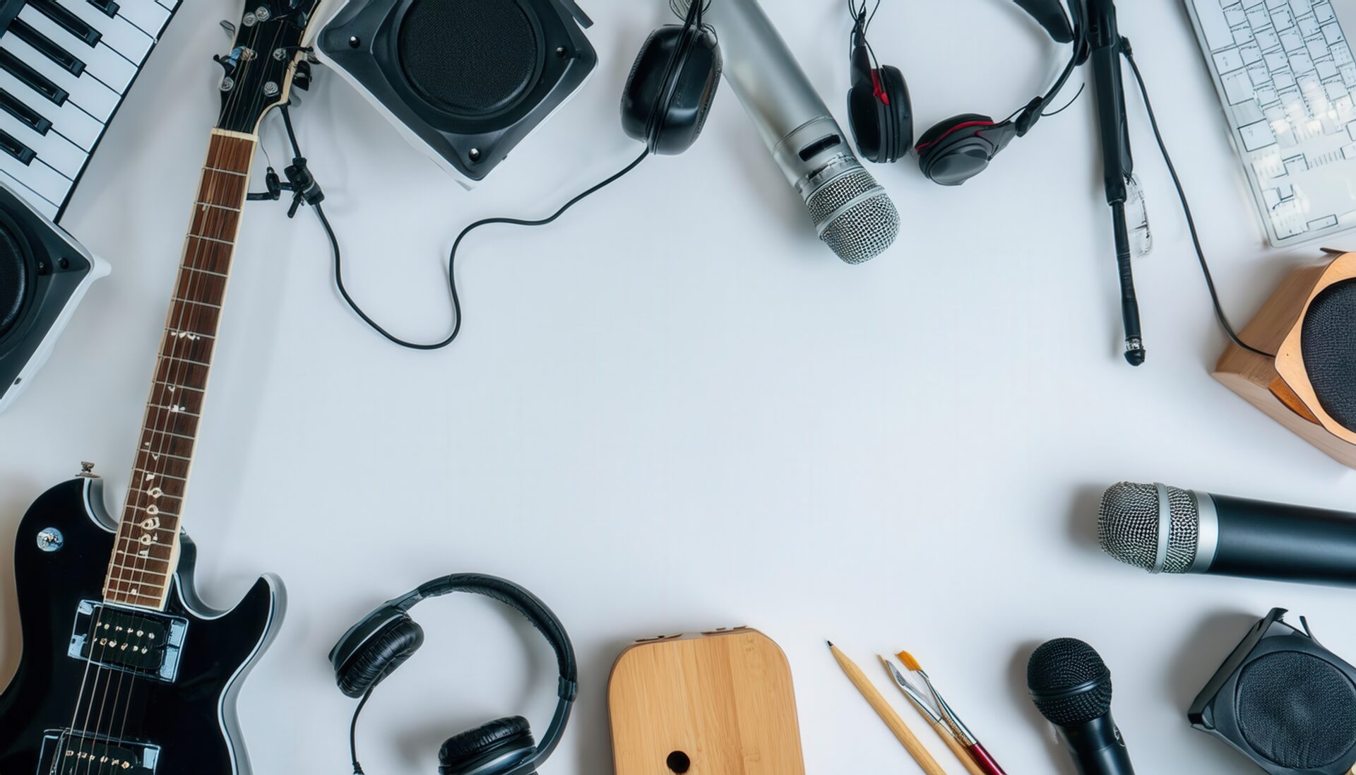 音楽ツールと楽器が並ぶ青みがかった背景