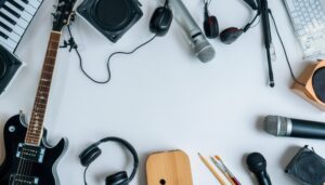 音楽ツールと楽器が並ぶ青みがかった背景