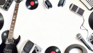 エレキギターとレコードが散らばる音楽の背景