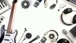 音楽制作ツールとマイクが並ぶクリエイティブな背景