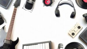 楽器と音響機器が散りばめられた背景
