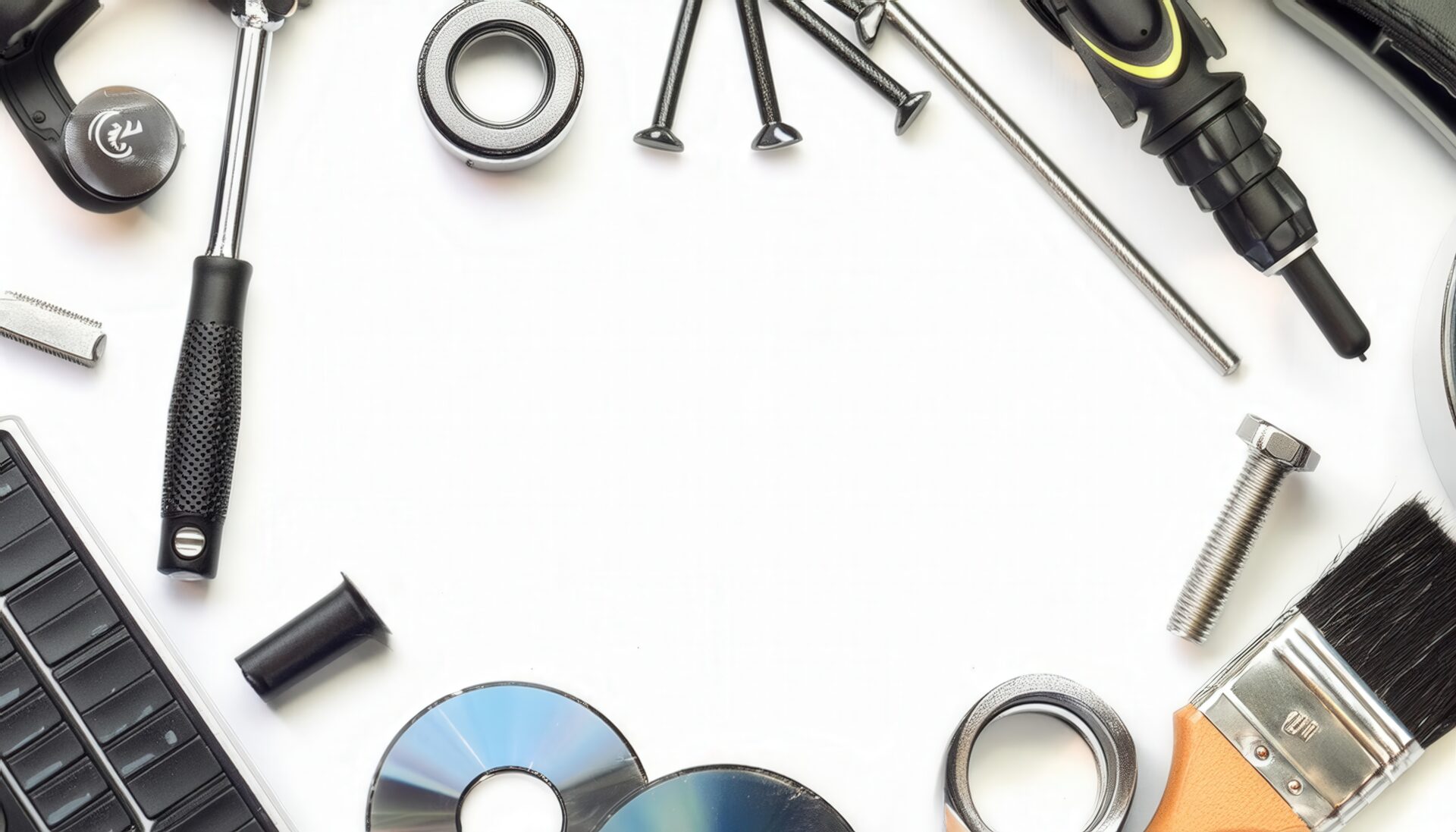 工具やパーツが並ぶメカニカルな背景