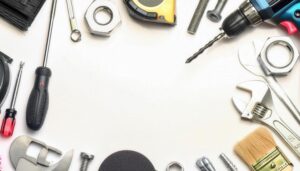 ドリルやスパナなど工具が散りばめられた背景