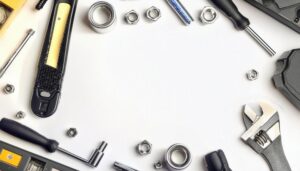 メカニックツールとパーツが散らばる背景