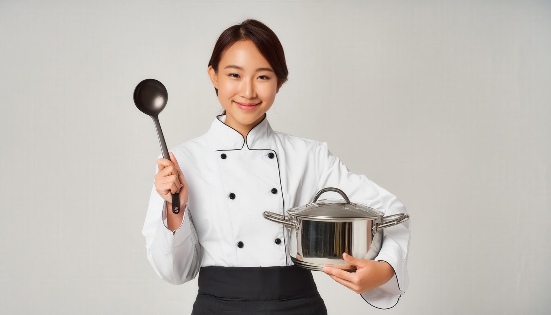 お玉を持ち鍋を準備する女性シェフ