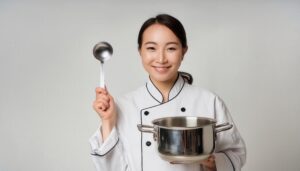 笑顔でお玉を掲げる女性シェフ