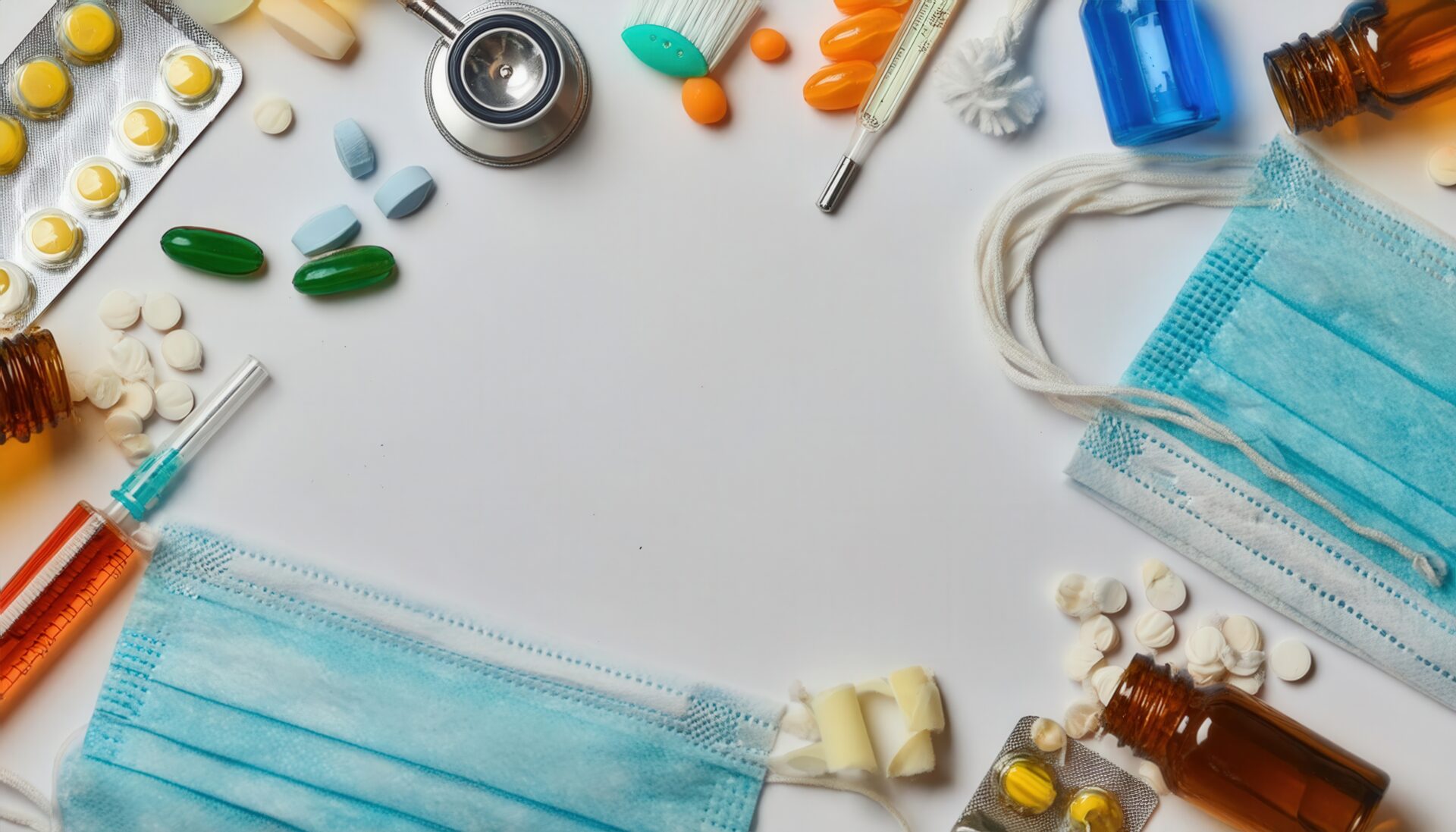 医薬品と医療マスクのフラットレイアウト